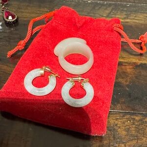 Elegant 14k  Jade Hoop Earrings and Ring Set